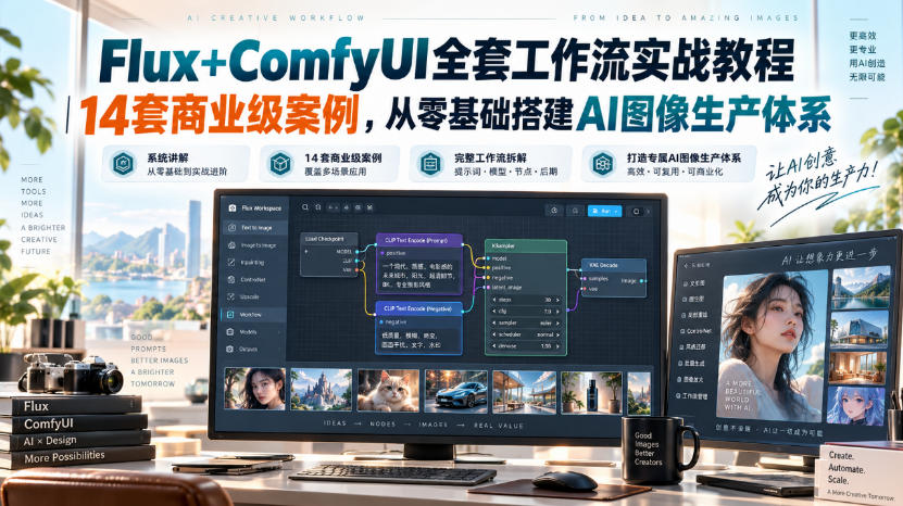 Flux+ComfyUI全套工作流实战教程｜14套商业级案例，从零基础搭建AI图像生产体系-985网创