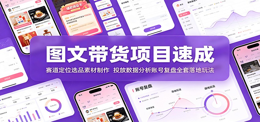 图文带货项目速成：赛道定位选品素材制作，投放数据分析账号复盘全套落地玩法-985网创