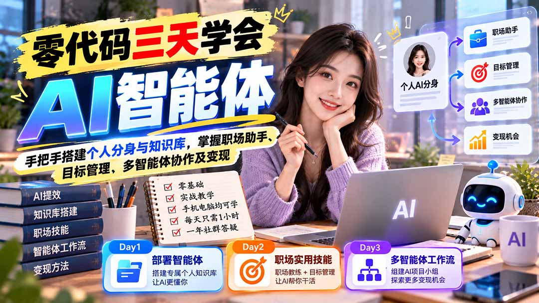【无水印】零代码三天学会AI智能体：手把手搭建个人分身与知识库，掌握职场助手、目标管理、多智能体协作及变现-985网创
