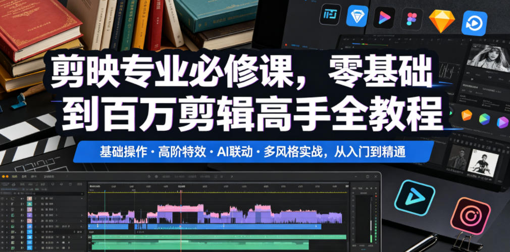 剪映专业必修课，零基础到百万剪辑高手全教程，基础操作・高阶特效・AI联动・多风格实战，从入门到精通-985网创