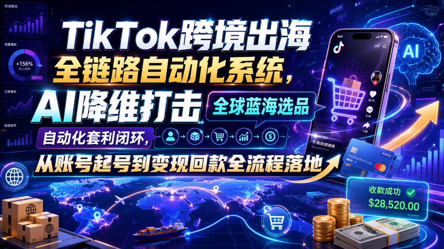 TikTok跨境出海全链路自动化系统，AI降维打击全球蓝海选品自动化套利闭环，从账号起号到变现回款全流程落地（2026年7月）-985网创