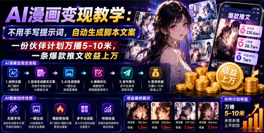 AI漫画变现教学：不用手写提示词，自动生成脚本文案，一份伙伴计划万播5-10米，一条爆款推文收益上W-985网创