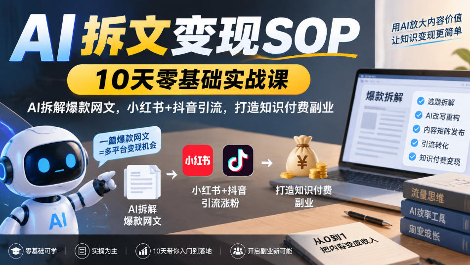 AI拆文变现SOP｜10天零基础实战课，AI拆解爆款网文，小红书+抖音引流，打造知识付费副业-985网创