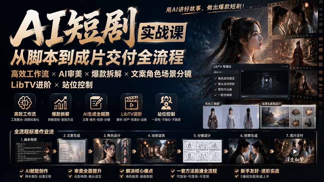 AI短剧实战课：高效工作流×AI审美×爆款拆解×文案角色场景分镜×LibTV进阶×站位控制×从脚本到成片交付全流程-985网创
