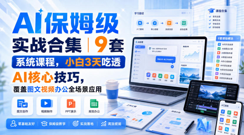 AI保姆级实战合集｜9套系统课程，小白3天吃透AI核心技巧，覆盖图文视频办公全场景应用-985网创