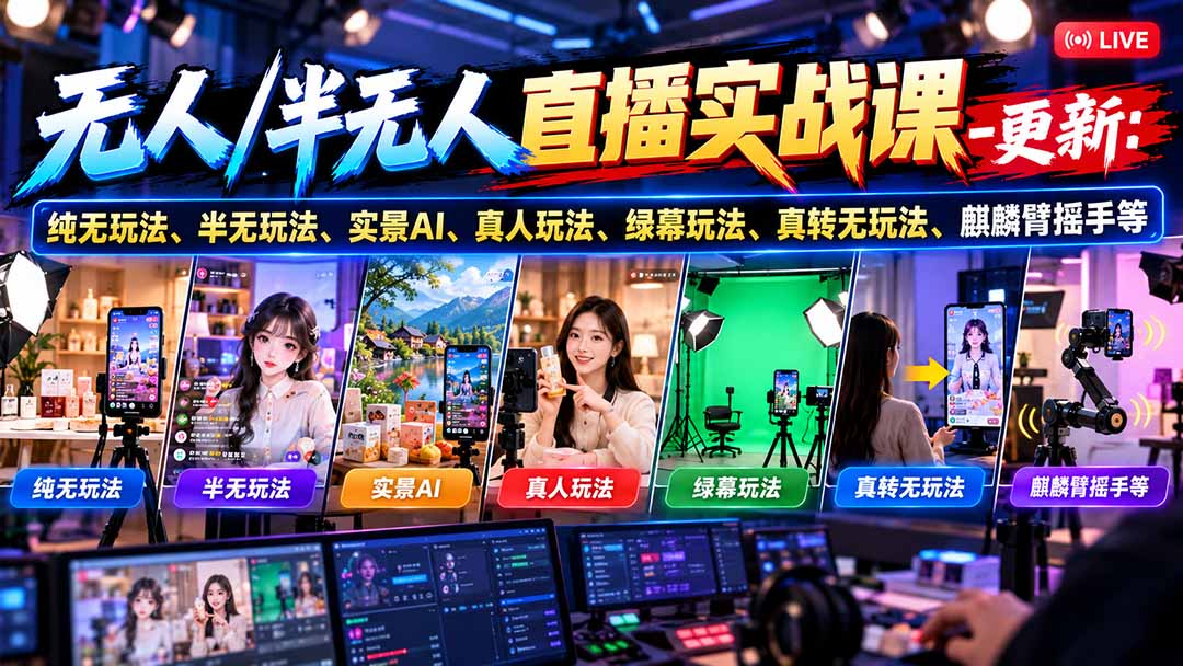 无人/半无人直播实战课-10月20更新：纯无玩法、半无玩法、实景AI、真人玩法、绿幕玩法、真转无玩法、麒麟臂摇手等-985网创