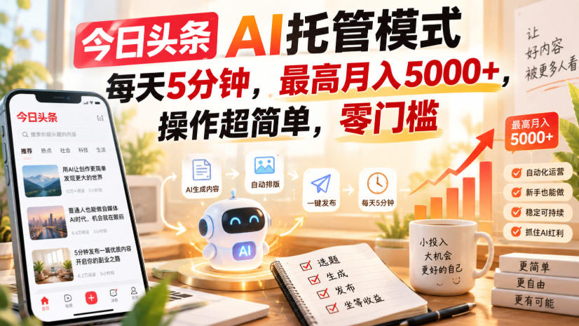 今日头条AI托管模式，每天5分钟，最高月入5000+，操作超简单，零门槛【揭秘】-985网创