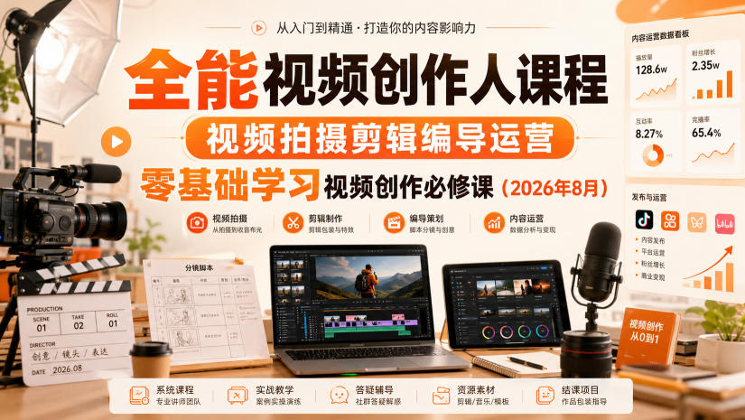 全能视频创作人课程，视频拍摄剪辑编导运营，零基础学习视频创作必修课(2026年8月)-985网创
