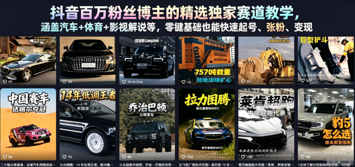 抖音百万粉丝博主的精选独家赛道教学，涵盖汽车+体育+影视解说等，零基础也能快速起号、涨粉、变现-985网创