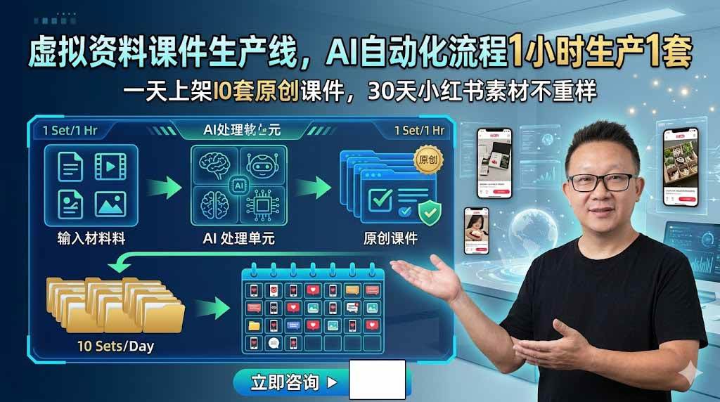 （19091期）虚拟资料课件生产线，AI自动化流程1小时生产1套，一天上架10套原创课件，30天小红书素材不重样-985网创