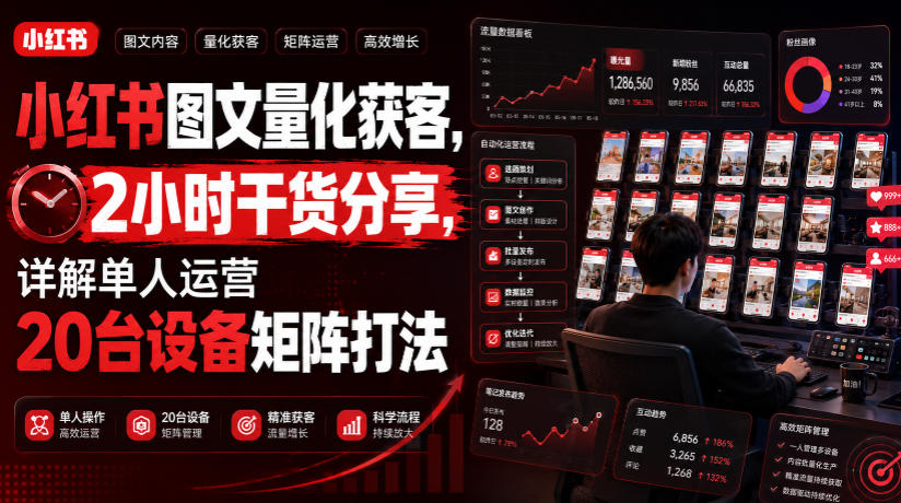 小红书图文量化获客，2小时干货分享，详解单人运营20台设备矩阵打法-985网创
