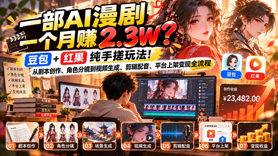 一部AI漫剧一个月赚2.3W？豆包+红果纯手搓玩法！从剧本创作、角色分镜到视频生成、剪辑配音、平台上架变现全流程-985网创