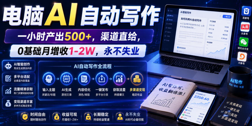 电脑AI自动写作，一小时产出500+，渠道直给，0基础月增收1-2W，永不失业【揭秘】-985网创