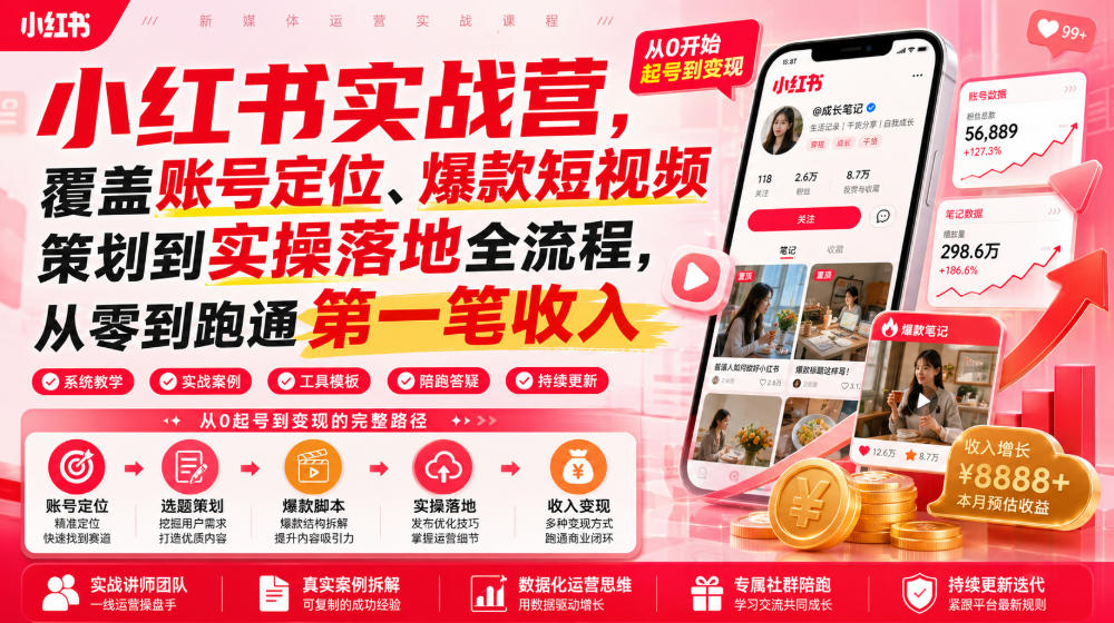 小红书实战营，覆盖账号定位、爆款短视频策划到实操落地全流程，从零到跑通第一笔收入-985网创