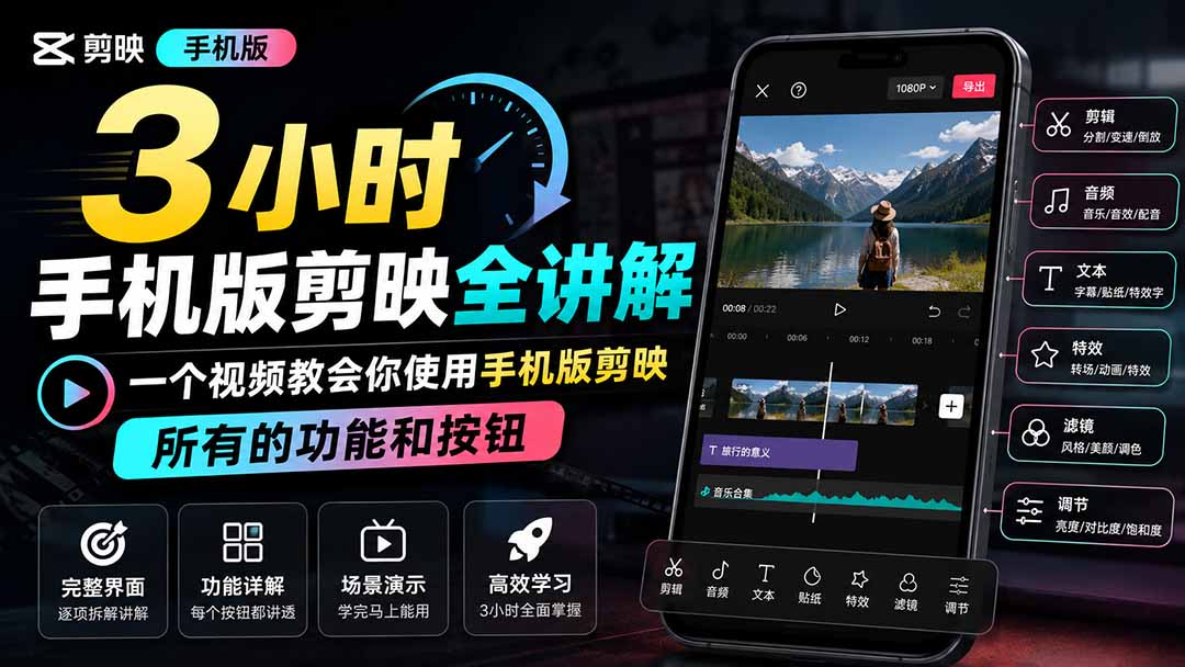 3小时手机版剪映全讲解，一个视频教会你使用手机版剪映，所有的功能和按钮-985网创