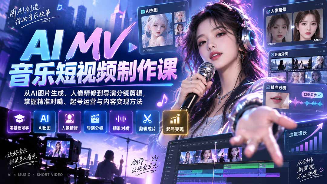 AI MV音乐短视频制作课：从AI图片生成、人像精修到导演分镜剪辑，掌握精准对嘴、起号运营与内容变现方法-985网创