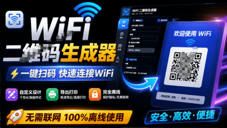 完全离线使用！WiFi二维码生成器，一键扫码快速连接WiFi，支持自定义风格导出WiFi二维码生成器-985网创
