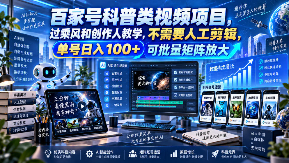 百家号科普类视频项目，过乘风和创作人教学，不需要人工剪辑，单号日入100+可批量矩阵放大-985网创