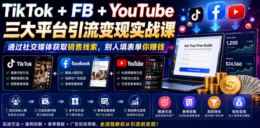 TikTok+FB+YouTube三大平台引流变现实战课，通过社交媒体获取销售线索，别人填表单你賺钱【原创双语字幕】-985网创