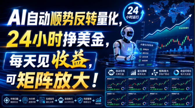 AI自动顺势反转量化，24小时挣美金，每天见收益，可矩阵放大！【揭秘】-985网创