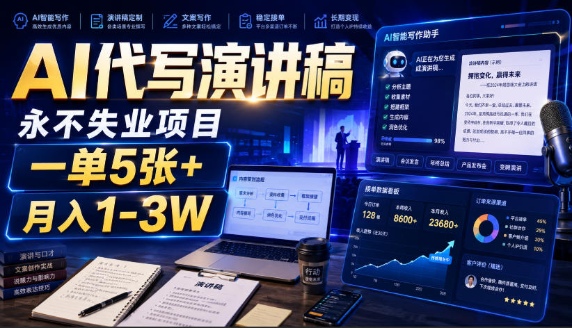 AI代写演讲稿，永不失业项目，一单5张+，月入1-3W【揭秘】-985网创
