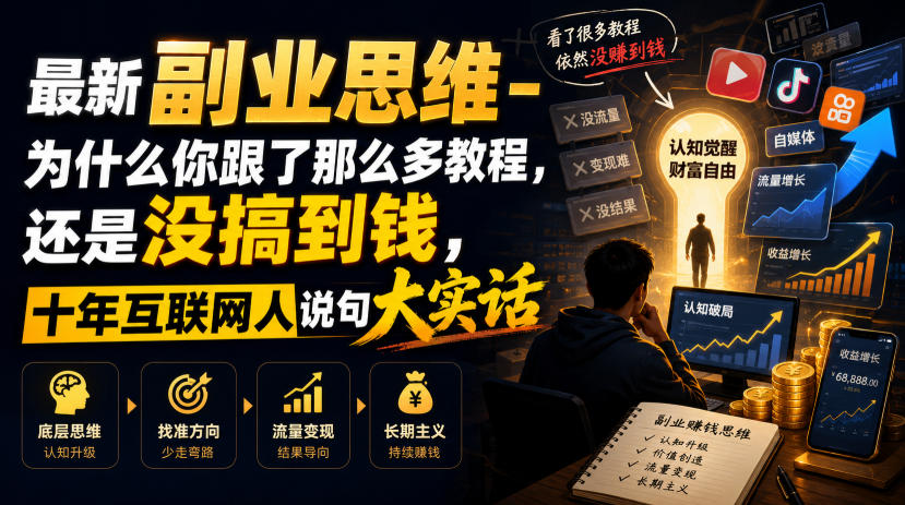 最新副业思维-为什么你跟了那么多教程，还是没搞到钱，十年互联网人说句大实话【揭秘】-985网创