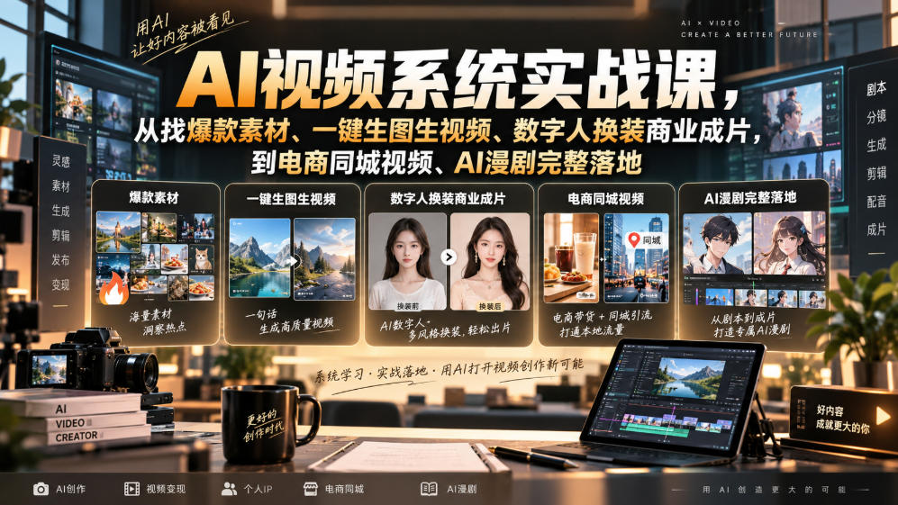 AI视频系统实战课，从找爆款素材、一键生图生视频、数字人换装商业成片，到电商同城视频、AI漫剧完整落地-985网创