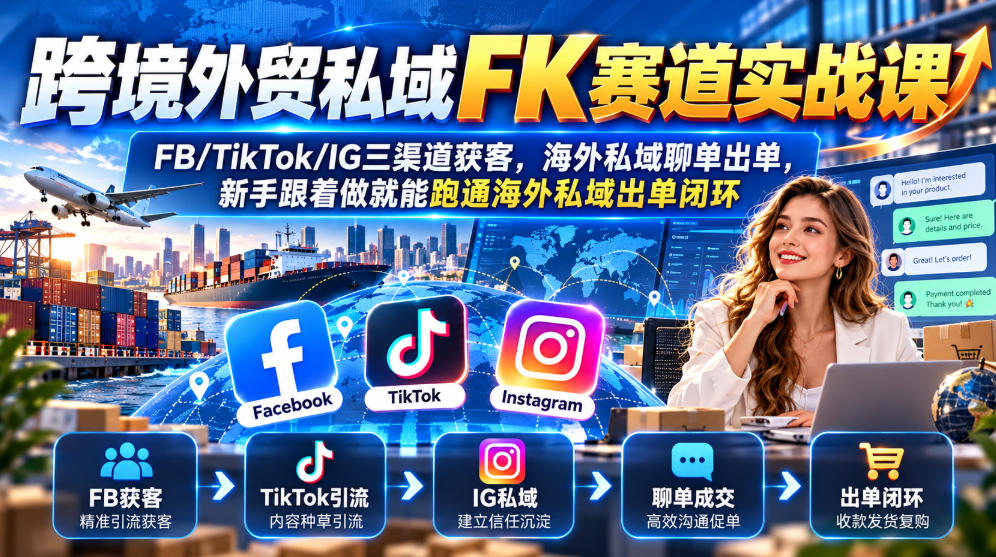 跨境外贸私域FK赛道实战课｜FB/TikTok/IG三渠道获客，海外私域聊单出单，新手跟着做就能跑通海外私域出单闭环-985网创