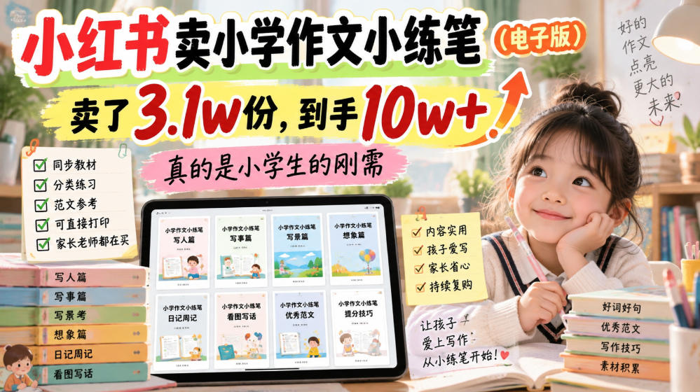 小红书卖小学作文小练笔(电子版)，卖了3.1w份，到手10w+，真的是小学生的刚需-985网创