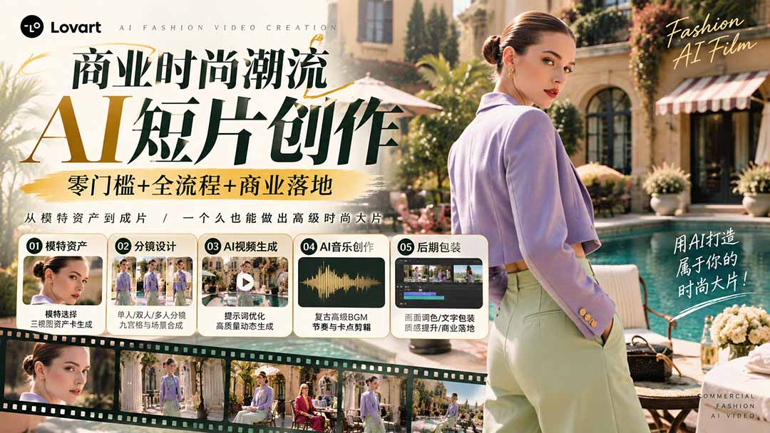 从一张模特图到高级时尚广告大片：AI三视图资产、场景合成、电影分镜、动态生成与复古音乐剪辑实战课-985网创
