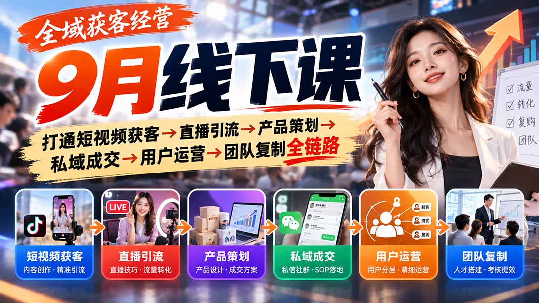 全域获客经营9月线下课：打通短视频获客→直播引流→产品策划→私域成交→用户运营→团队复制全链路-985网创