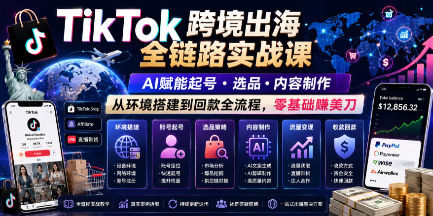 TikTok跨境出海全链路实战课，AI赋能起号・选品・内容制作，从环境搭建到回款全流程，零基础賺美刀-985网创