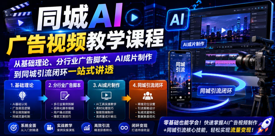 同城AI广告视频教学课程，从基础理论、分行业广告脚本、AI成片制作到同城引流闭环一站式讲透-985网创