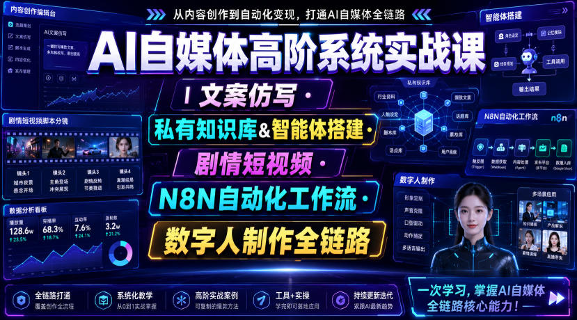 AI自媒体高阶系统实战课｜文案仿写・私有知识库&智能体搭建・剧情短视频・N8N自动化工作流・数字人制作全链路-985网创