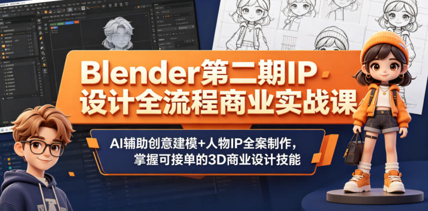 Blender第二期IP设计全流程商业实战课，AI辅助创意建模+人物IP全案制作，掌握可接单的3D商业设计技能-985网创