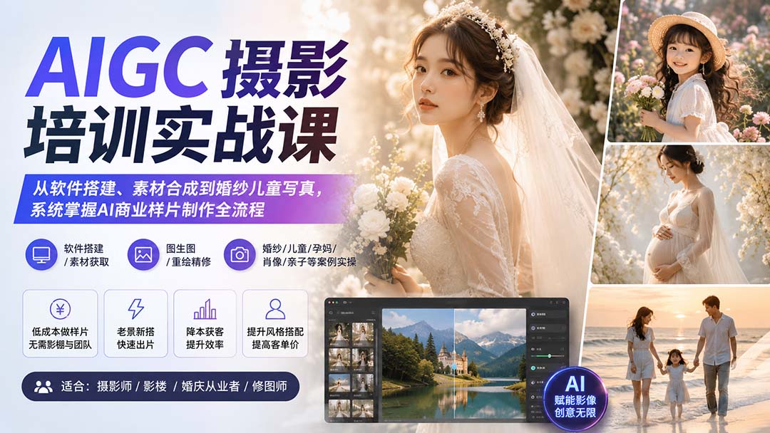 AIGC摄影培训实战课：从软件搭建、素材合成到婚纱儿童写真，系统掌握AI商业样片制作全流程-985网创
