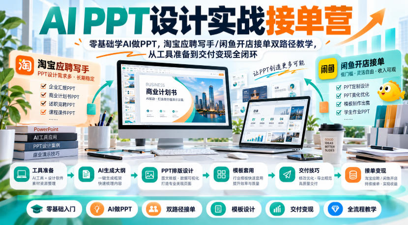 AI PPT设计实战接单营｜零基础学AI做PPT，淘宝应聘写手/闲鱼开店接单双路径教学，从工具准备到交付变现全闭环-985网创