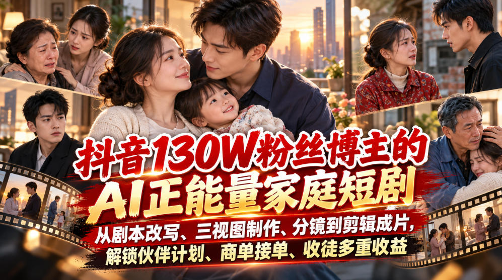 抖音130W粉丝博主的AI正能量家庭短剧，从剧本改写、三视图制作、分镜到剪辑成片，解锁伙伴计划、商单接单、收徒多重收益(更新1007)-985网创
