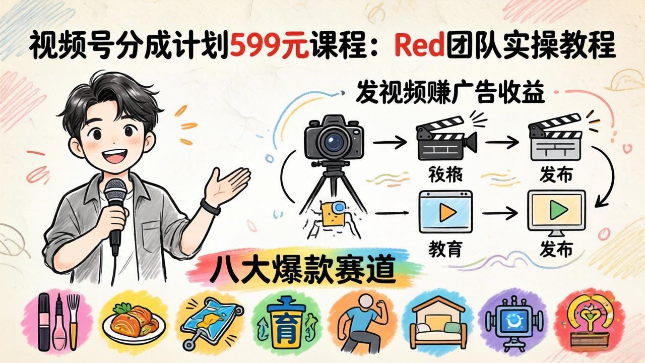 视频号分成计划599元课程：Red团队实操教程，发视频赚广告收益，八大爆款赛道全掌握-985网创