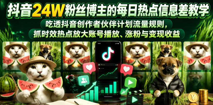 抖音24W粉丝博主的每日热点信息差教学，吃透创作者伙伴计划流量规则，抓时效热点放大账号播放、涨粉与变现收益-985网创