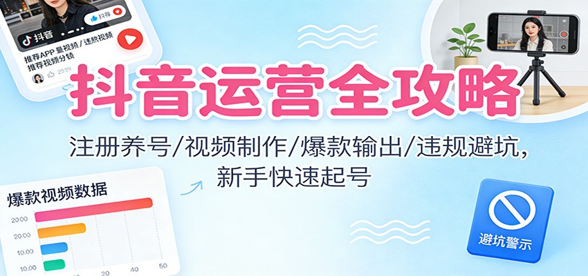 抖音运营全攻略：注册养号/视频制作/爆款输出/违规避坑，新手快速起号-985网创
