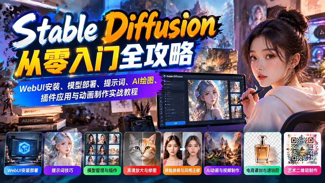 Stable Diffusion从零入门全攻略：WebUI安装、模型部署、提示词、AI绘图、插件应用与动画制作实战教程-985网创