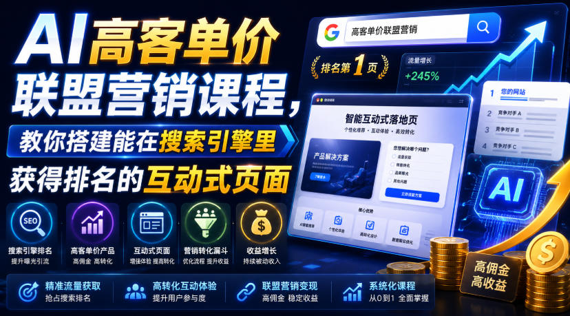 AI高客单价联盟营销课程，教你搭建能在搜索引擎里获得排名的互动式页面，引来流量，把访客转化为高佣金的成交【原创双语字幕】-985网创