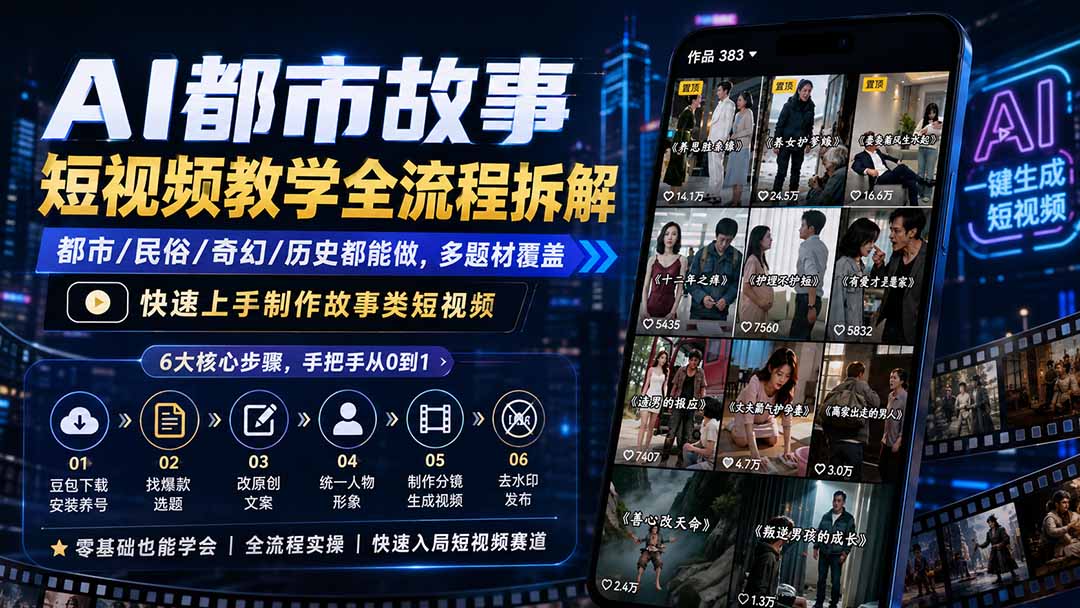 AI都市故事短视频教学全流程拆解；都市/民俗/奇幻/历史都能做多题材覆盖，快速上手制作故事类短视频-985网创