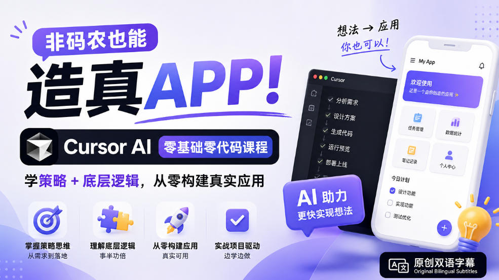 非码农也能造真APP！Cursor AI零基础零代码课程：学策略+底层逻辑，从零构建真实应用【原创双语字幕】-985网创
