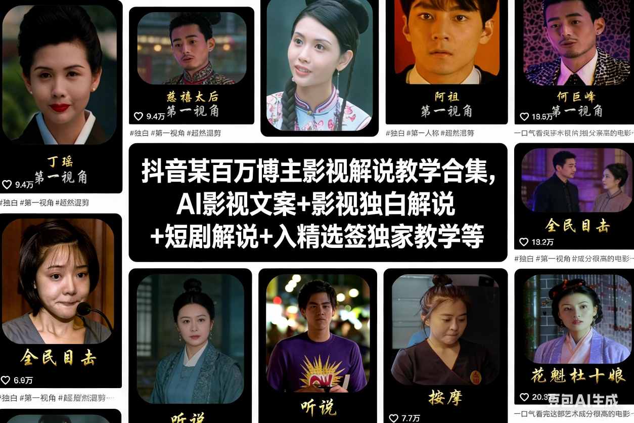 抖音某百万博主影视解说教学合集，AI影视文案+影视独白解说+短剧解说+入精选签独家教学等-985网创