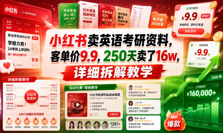 小红书卖英语考研资料，客单价9.9，250天卖了16w，详细拆解教学-985网创