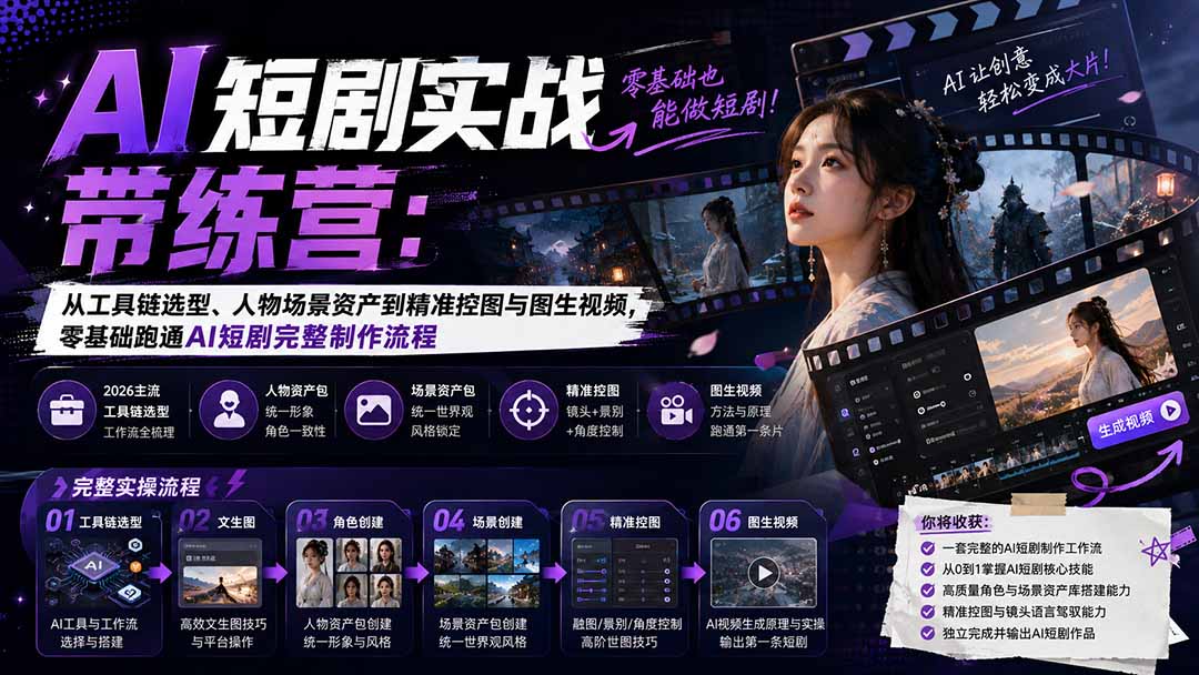 AI短剧实战训练营：从工具链选型、人物场景资产到精准控图与图生视频，零基础跑通AI短剧完整制作流程-985网创