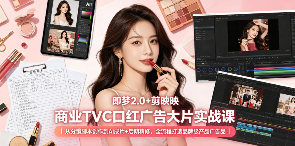 即梦2.0+剪映商业TVC口红广告大片实战课｜从分镜脚本创作到AI成片+后期精修，全流程打造品牌级产品广告-985网创