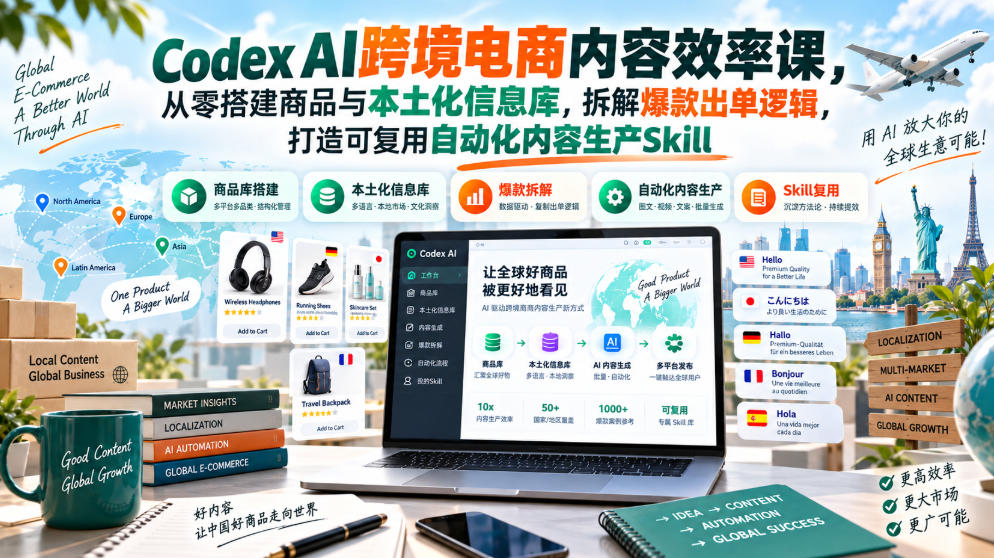 Codex AI跨境电商内容效率课，从零搭建商品与本土化信息库，拆解爆款出单逻辑，打造可复用自动化内容生产Skill-985网创